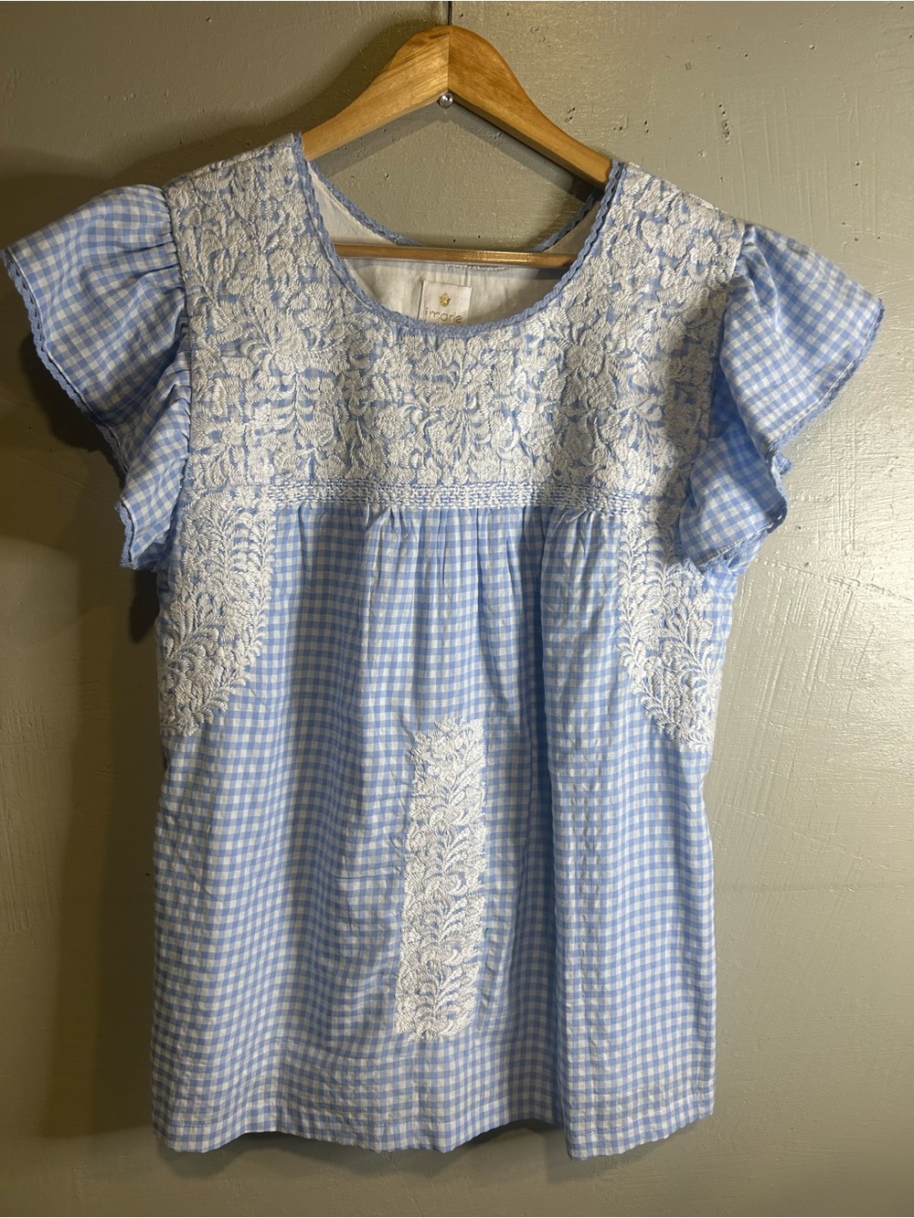 Jmarie Light Blue Gingham Embroidered Flutter-Sleeve Blouse